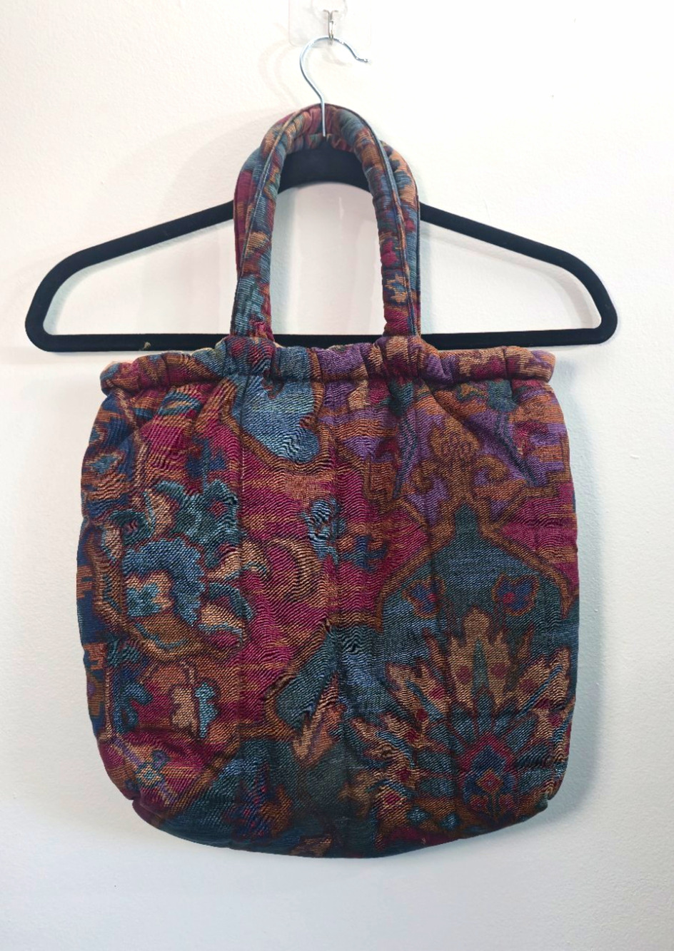 Handmade Quilted Fabric Tote Bag, Multicolor Floral Tapestry, Pink Lining